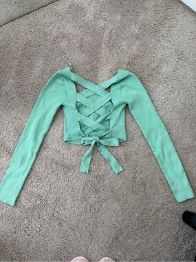 NWOT Mint Green Lace-Up Cropped Knit Top with Long Sleeves